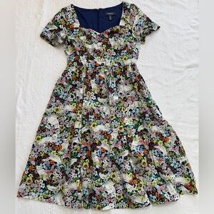 ModCloth Fit & Flare Cat Midi Dress Size 8 Whimsical Floral Print Cotton Pockets